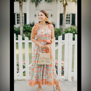 Victoria Dunn King Street Maxi Dress in Clementina Floral Print Tiered Orange